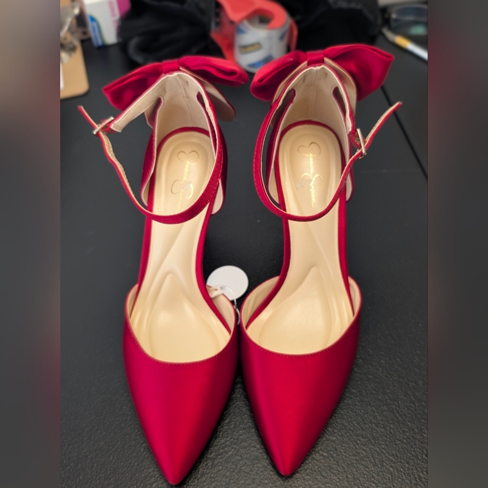 Jessica Simpson Red Satin Pointed-Toe Ankle-Strap Heels with Bow